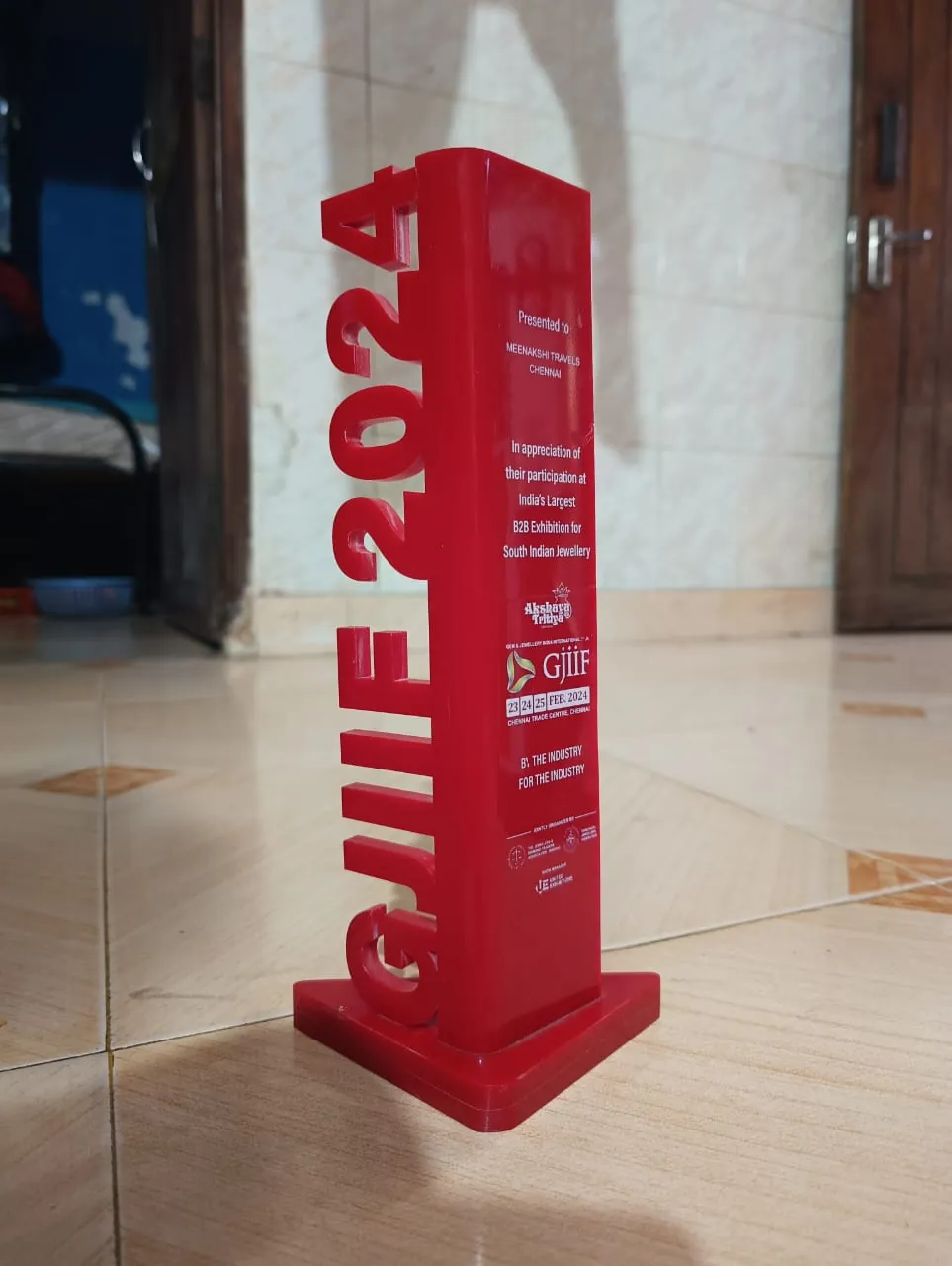 GJIIF February 2024 trophy presented to Sri Meenakshi Travels Chennai